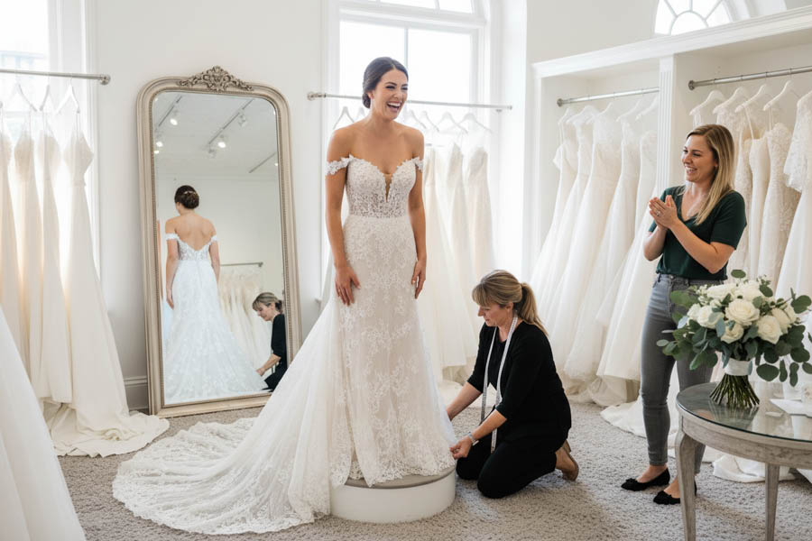 Brautkleid Anprobe im Bridalstore Bamberg Spiegelmoment